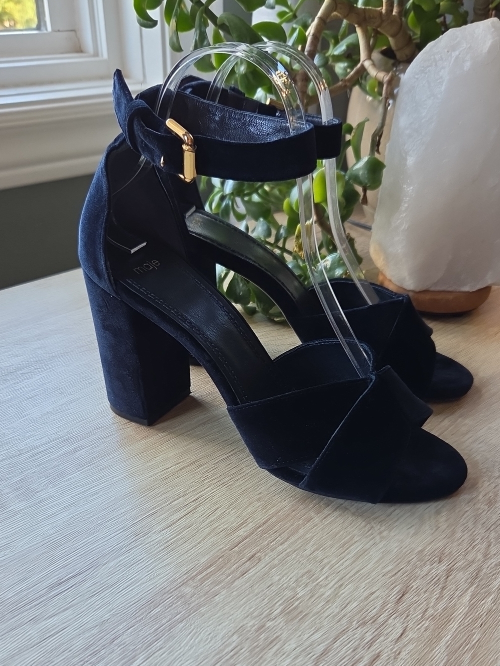 Maje Navy Suede Block Heel Ankle-Strap Sandals